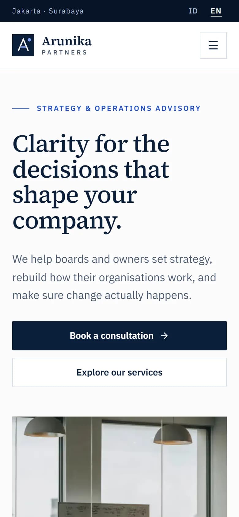 Arunika Partners demo home page on mobile