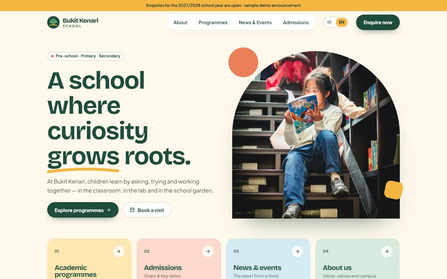Bukit Kenari School demo home page on desktop