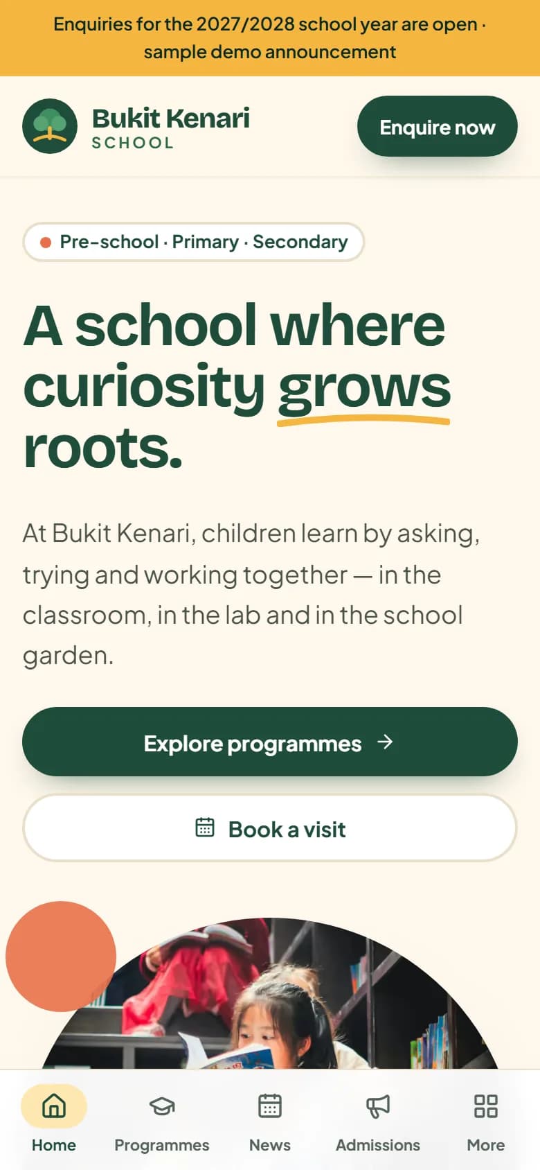 Bukit Kenari School demo home page on mobile