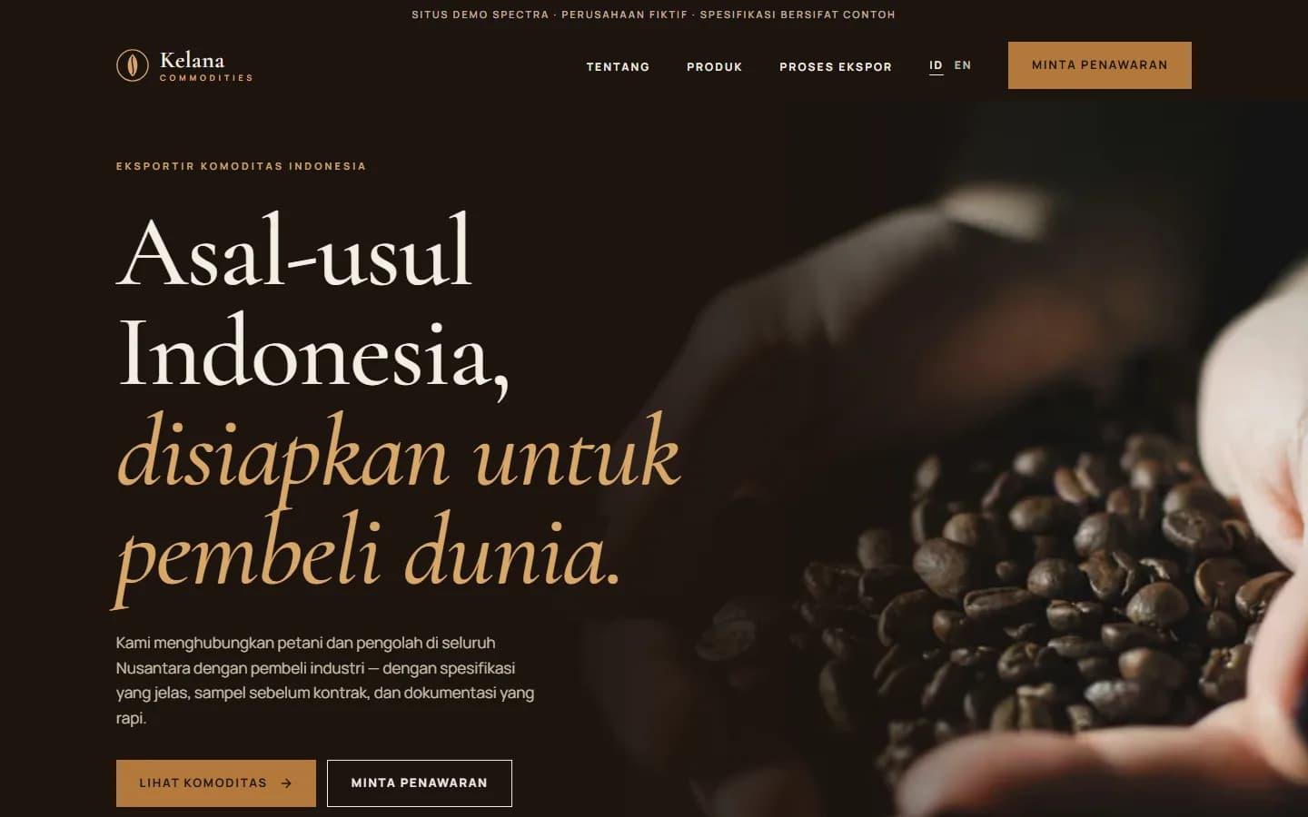 Beranda demo Kelana Commodities di layar desktop