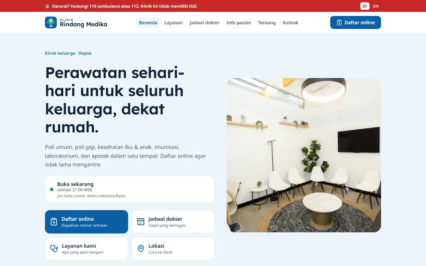 Beranda demo Klinik Rindang Medika di layar desktop