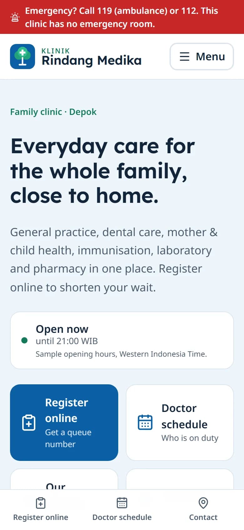 Klinik Rindang Medika demo home page on mobile