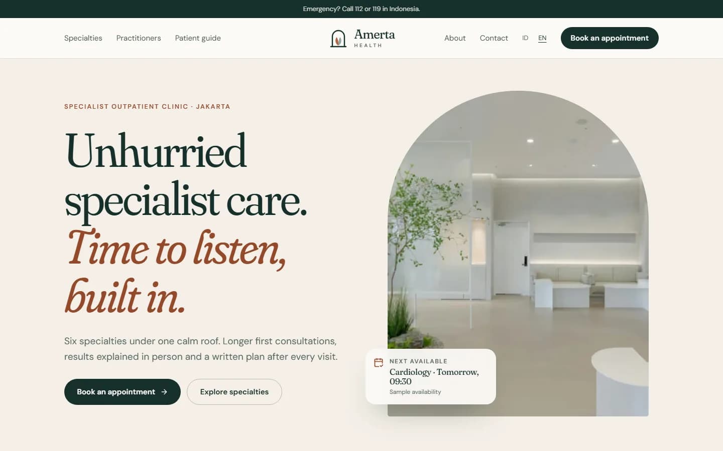 Amerta Health demo home page on desktop