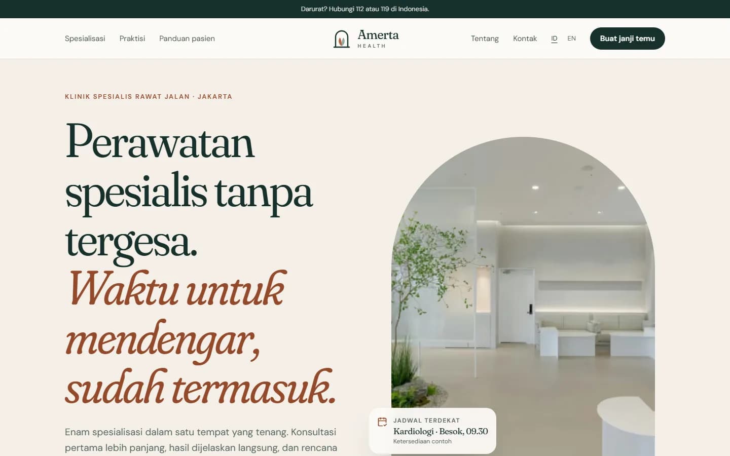 Beranda demo Amerta Health di layar desktop