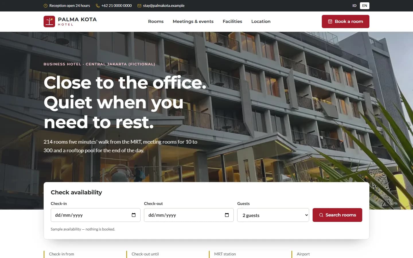 Hotel Palma Kota demo home page on desktop