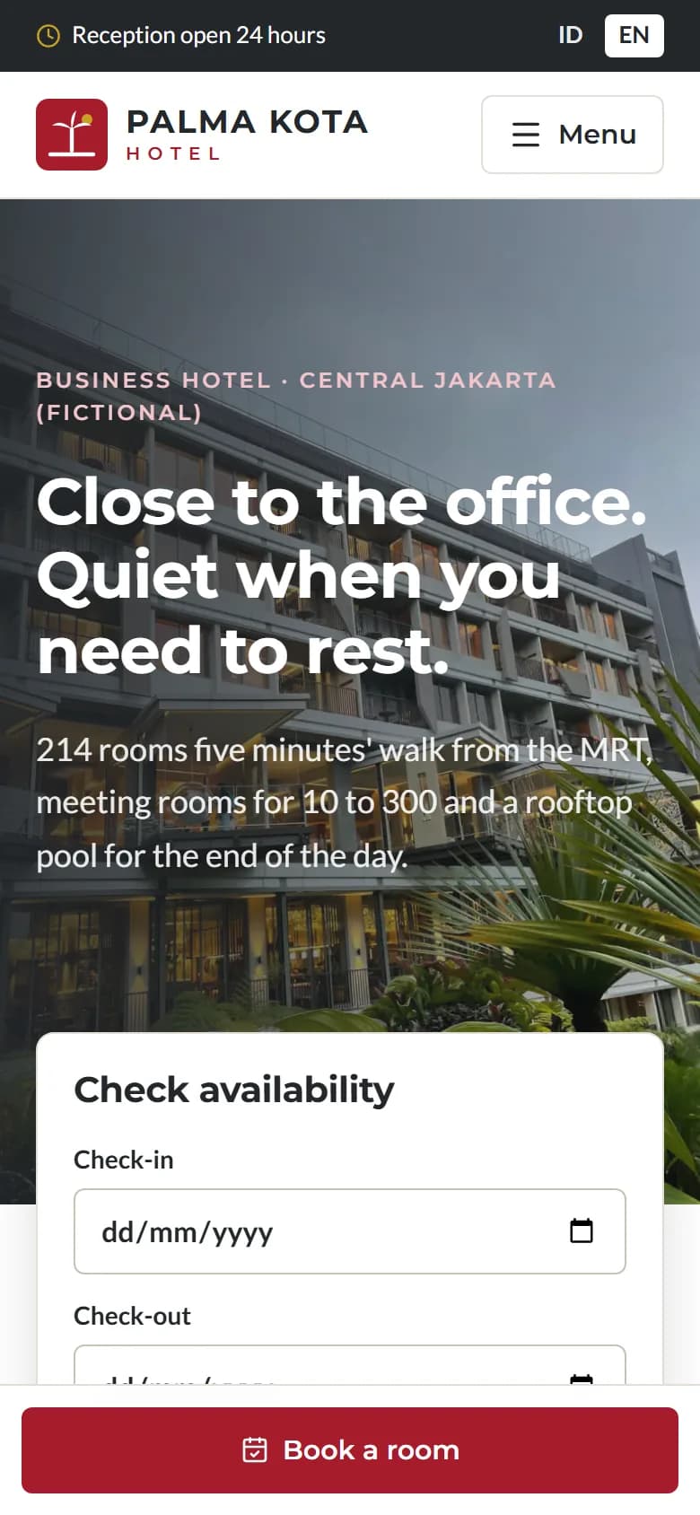 Hotel Palma Kota demo home page on mobile