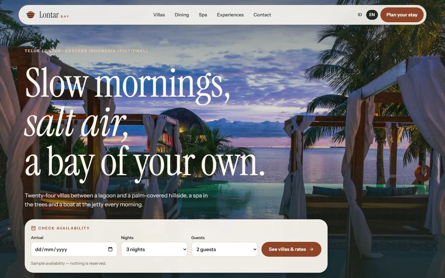 Lontar Bay demo home page on desktop
