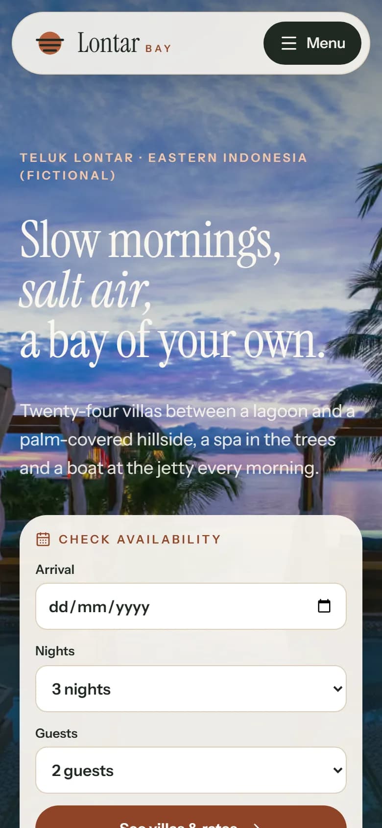 Lontar Bay demo home page on mobile