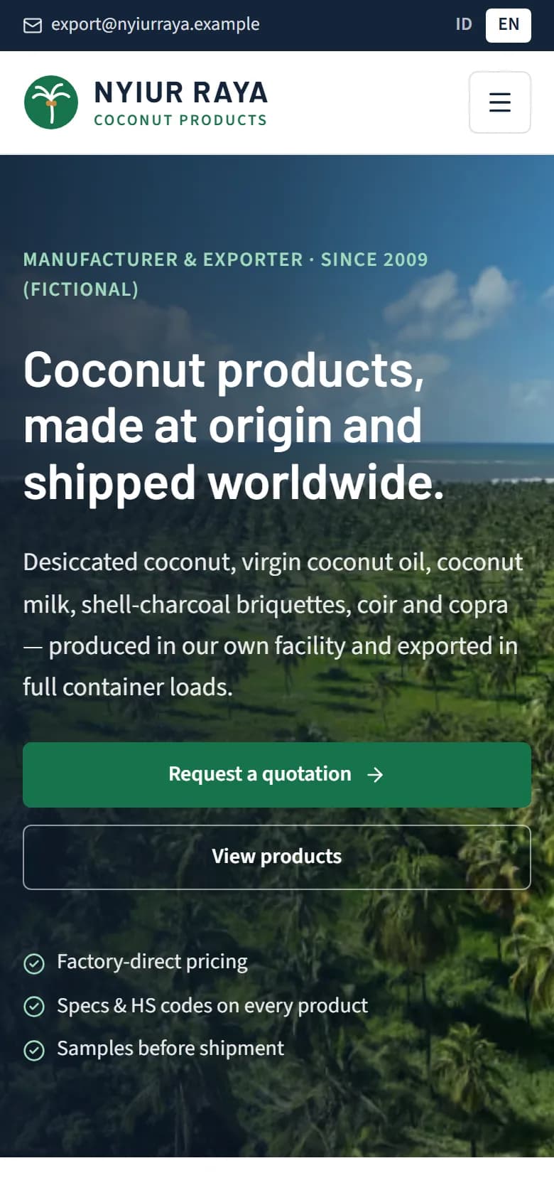 Nyiur Raya demo home page on mobile
