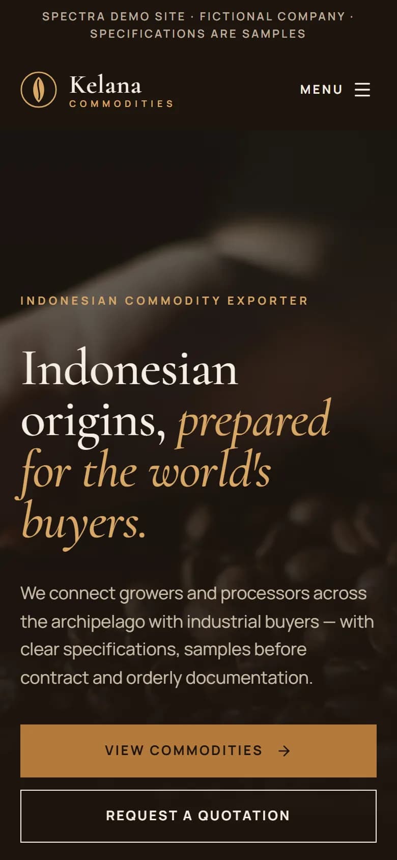 Kelana Commodities demo home page on mobile