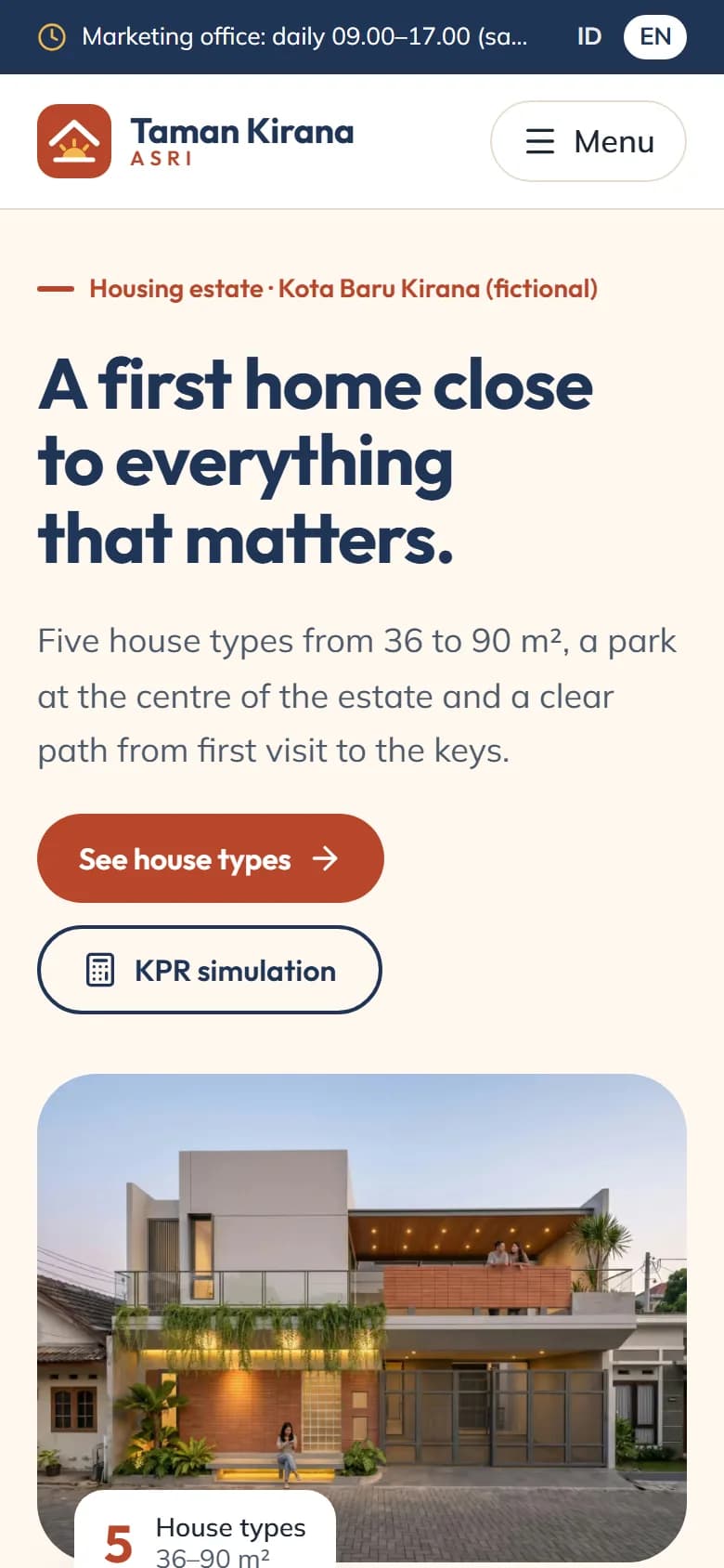 Taman Kirana Asri demo home page on mobile